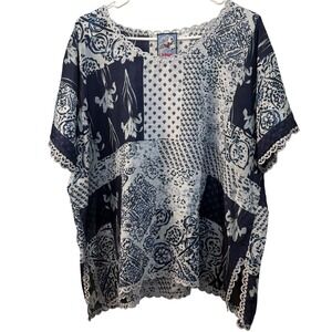 Johnny Was Silk Patchwork Short Sleeve Top Size S Blue White Floral Boho Cottage